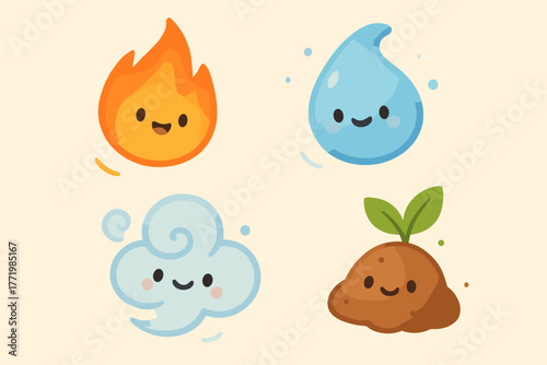 Cheerful Elemental Symbols. Adorable elemental symbols (fire, water, air, earth) with tiny smiling faces, floating playfully
