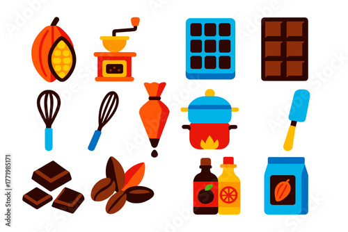 Artisan Chocolate Icons. Flat vector icons of Artisan Chocolate Making: cocoa pod, grinder, mold, chocolate bar, whisk, piping bag