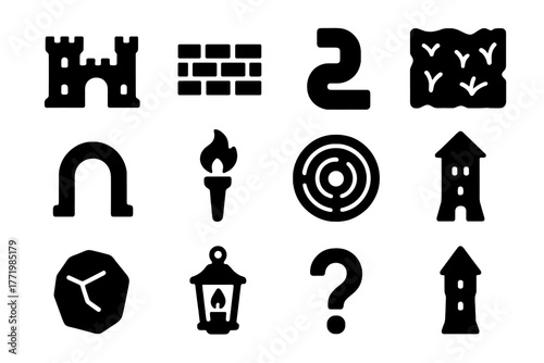 Medieval Labyrinth Icons. Solid style icons of Medieval Labyrinth: Castle, Wall, Path, Hedge, Arch, Torch, Gate, Center, Stone,