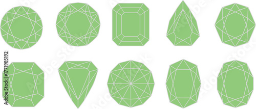 Green gemstone cut vector set with white outlines, stylized diamond shapes including oval, pear, emerald, heart, and round for jewelry design
