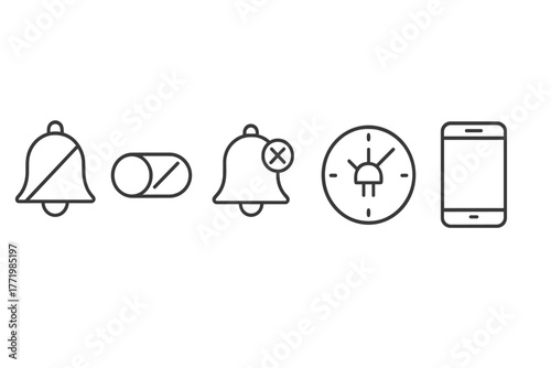 Notification Management Icons. Line style icons of Notification Management Tools: silence bell, do not disturb switch,