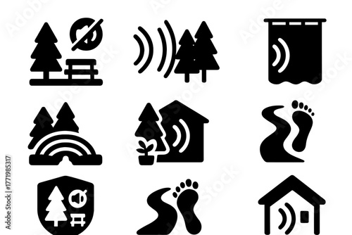 Sound Conservation Icons. Solid style icons of sound conservation and design: Quiet Park Icon, Sonic Buffer Zone, Eco-Acoustic