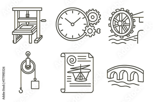 Renaissance Inventions Icons. Line style icons of Renaissance inventions: printing press, clockwork, water mill, pulley,