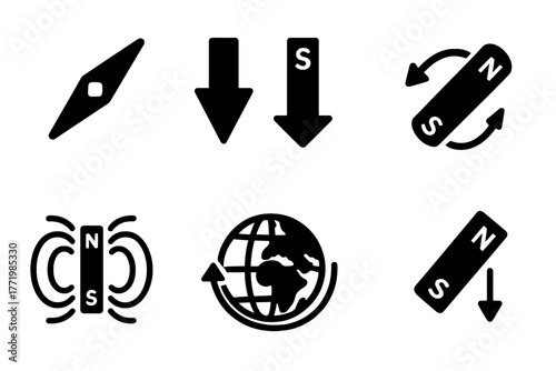 Magnetic Field Concepts. Solid style icons of magnetic field reversal concepts: Flipping Compass Needle, Reversed Polarity Arrows,