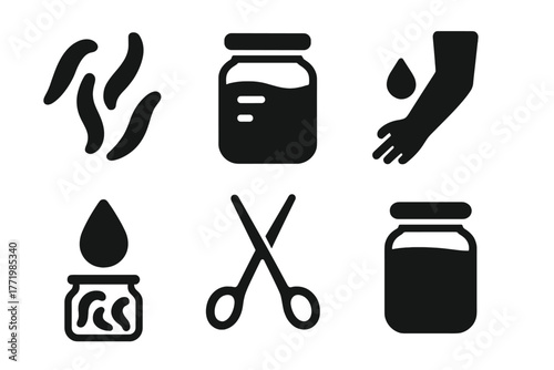 Vintage Leech Jar Icons. Solid style icons of Vintage Leech Jar: Leeches, Glass, Bloodletting, Medicine, Lid, Droplet, Forceps,