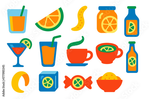 Citrus Recipe Icons. Flat vector icons of Citrus Recipes: juice, slice, zest, marmalade, cocktail, smoothie, tea, syrup, peel, ice