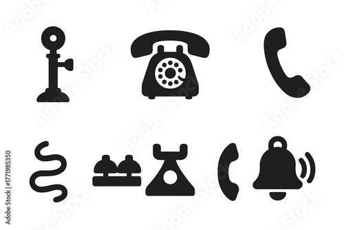 Vintage Telephone Icons. Solid style icons of Quirky Telephones: Candlestick, Rotary Dial, Handset, Cord, Bell, Base, Receiver
