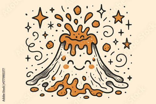 Playful Lava Flow. Whimsical doodle vector illustration of a smiling lava flow bubbling playfully, surrounded by doodle sparkles,