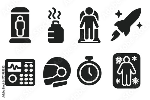 Futuristic Stasis Icons. Solid style icons of Futuristic Stasis: Pod, Cryo-Gas, Future Awakening, Space Travel, Control Panel,