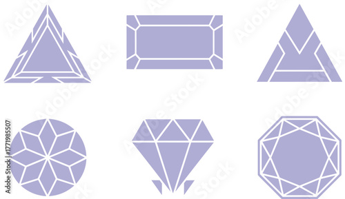 Purple geometric crystal vector set, stylized gemstone shapes with white outlines, symmetrical faceted design for jewelry, fantasy, UI, and decorative use