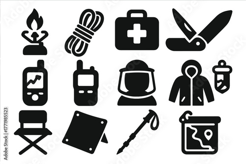 Camping Gear Icons. Solid style icons of camping gear: stove, rope, first aid kit, folding knife, GPS device, walkie-talkie, bug