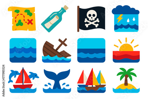 Nautical Adventure Icons. Flat vector icons of sailing adventures: treasure map, message in bottle, pirate flag, stormy sea, calm