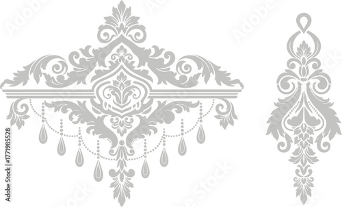 Ornate grayscale decorative set, vintage floral scroll motifs, symmetrical embellishment vector, antique chandelier and shield design, classical ornamental artwork for textiles