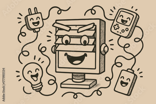 Smiling Robot Window. A doodle of a jalousie window shaped like a smiling robot, its slats acting like moving eyebrows, surrounded