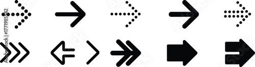 Rightward arrow vector set, multiple styles including dotted, solid, outlined, and block designs, user interface icons, navigation, direction, digital graphic elements
