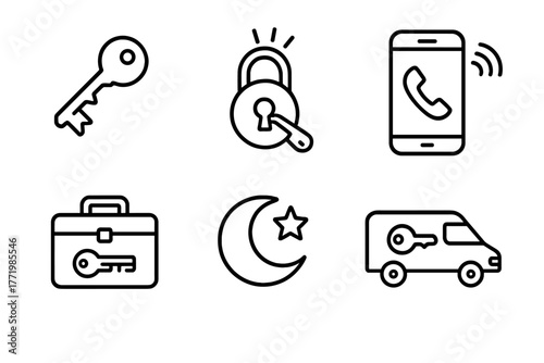 Locksmith Emergency Icons. Line style icons of locksmith emergency: broken key, jammed lock, emergency call, toolbox, night