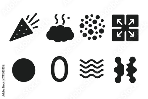 Early Universe Icons. Solid style icons of early universe visuals: Inflation Burst, Hot Dense Cloud, Particle Field, Expanding