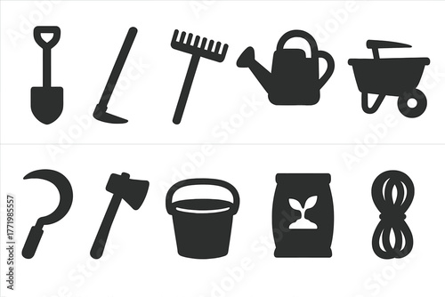 Farm Tools Icons. Solid style icons of farm tools: shovel, hoe, rake, pitchfork, watering can, wheelbarrow, sickle, axe, bucket,