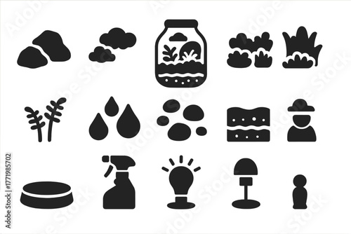 Zen Mossarium Elements. Solid style icons of Zen Mossarium: Miniature Rocks, Mist, Glass Terrarium, Various Moss, Tiny Ferns,