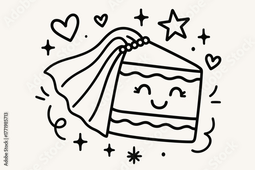 Cake Slice Celebration. Funny doodle vector composition of a cake slice wearing a veil, smiling among doodle sparkles, hearts, and