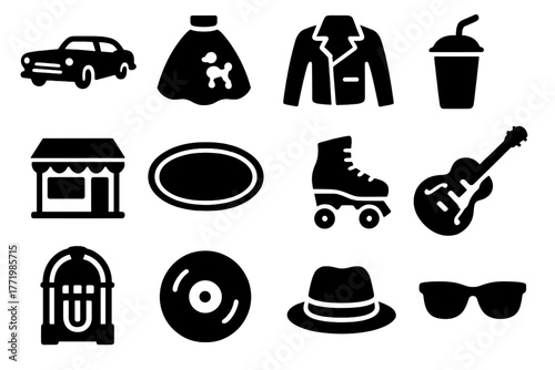 50s Nostalgia Icons. Solid style icons of 50s Style: Classic Car, Poodle Skirt, Leather Jacket, Soda, Diner, Neon Sign, Roller