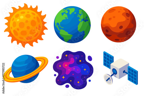 Galactic View Icons. Isometric vector illustration set Galactic View: solar sun, earth with continents, mars landscape, saturn