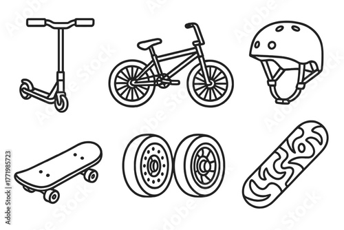 Youth Rides Icons. Line style icons of Youth and Teen Rides: freestyle scooter, compact BMX bike, adjustable helmet, urban skater