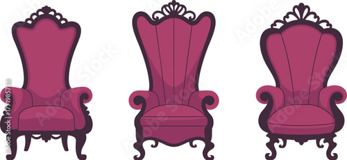 Vintage burgundy armchair set, ornate carved furniture illustration, classical seating design, elegant interior decor vector, antique upholstery and scrollwork asset