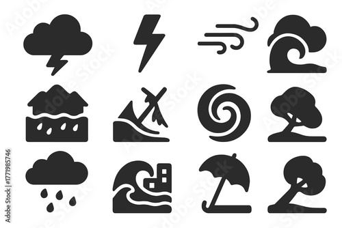 Stormy Weather Icons. Solid style icons of stormy weather: thundercloud, lightning bolt, heavy rain, strong wind, crashing wave,