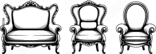 Vintage armchairs collection, antique furniture illustration, ornate carved wood chairs, classic interior decor, retro seating design, elegant upholstery vector, heritage style assets