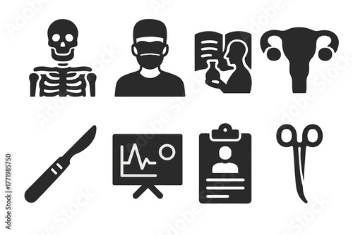 Antique Medical Icons. Solid style icons of Antique Medical Illustration: Anatomy, Surgery, Medical History, Uterus, Scalpel,