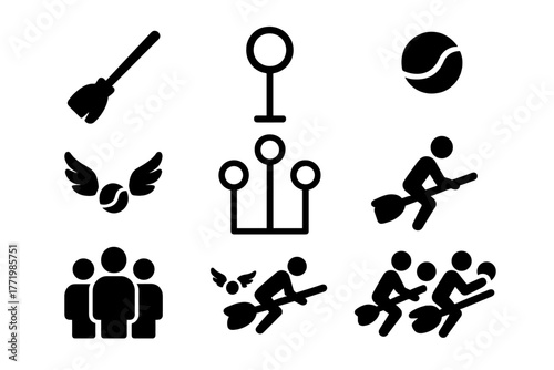 Wizardry Game Icons. Solid style icons of Wizardry-Inspired Game: Broomstick, Hoop, Bludger, Snitch Runner, Goal Post, Player,