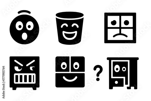 Emotional Pareidolia Icons. Solid style icons of emotional pareidolia reactions: Surprised Glance, Laughing Object, Sad Window,