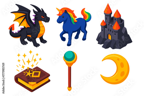 Mystic Legends Icons. Isometric vector illustration set Mystic Legends: black dragon, rainbow unicorn, mountain castle, spellbook