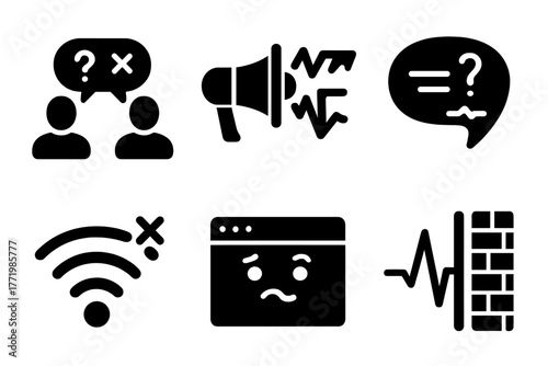 Solid Communication Icons. Solid style icons of communication challenges: Misunderstanding Symbol, Noise Interference, Partial