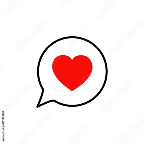 A red heart is placed inside a speech bubble, representing love and communication. The clean design emphasizes the emotion and makes it suitable for various contexts.