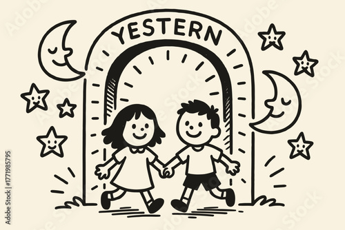 Glowing Doorway Adventure. A doodle illustration of a glowing doorway called “yestern,” with smiling children, cheerful moons, and