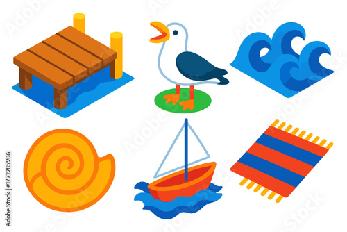 Ocean Breeze Icons. Isometric vector illustration set Ocean Breeze: fishing pier, calling seagull, blue waves, spiral shell,