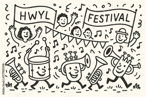 Festive Parade Doodle. A doodle scene of a lively festival parade filled with hwyl, with smiling drums, trumpets, and banners