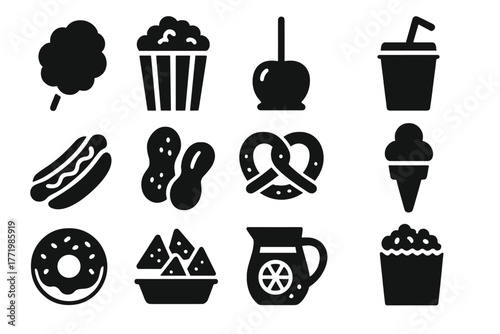 Circus Treats Icons. Solid style icons of circus treats: cotton candy, popcorn, candy apple, soda cup, hot dog, peanuts, pretzel,