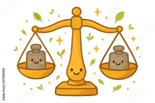 Grinning Weights and Scales. Friendly balance scales with grinning weights, surrounded by tiny floating leaves and sparkles