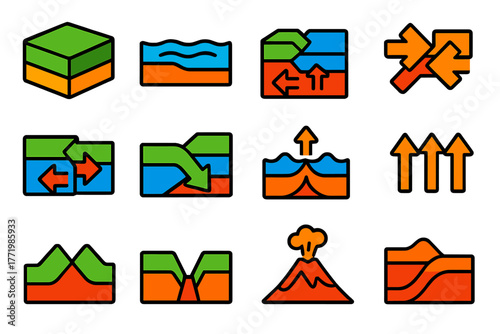 Tectonic Plates Icons. Flat vector icons of tectonic plates: continental plate, oceanic plate, convergent boundary, divergent