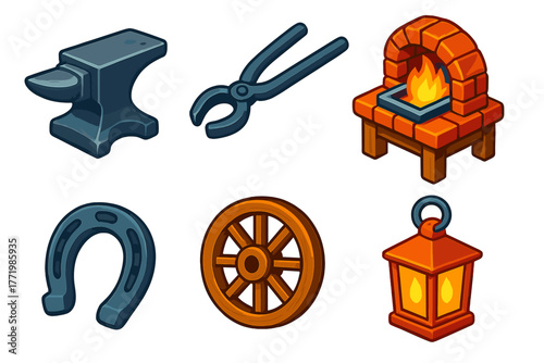 Village Blacksmith Icons. Isometric vector illustration set Village Blacksmith: rustic anvil, iron tongs, small forge, crafted
