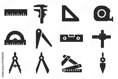 Measuring Instruments Icons. Solid style icons of measuring instruments: ruler, caliper, square, tape measure, protractor, angle