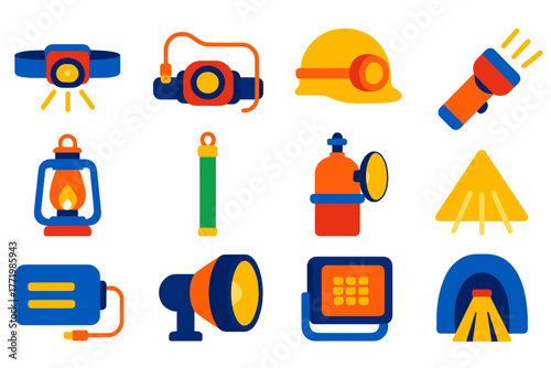 Flat Lighting Icons. Flat vector icons of headlamps and lighting: LED headlamp, rechargeable headlamp, helmet-mounted lamp,