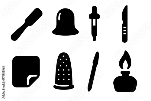 Early Dermatology Tools Icons. Solid style icons of early dermatological tools: Skin Scraper, Cupping Bell, Oil Dropper, Blade