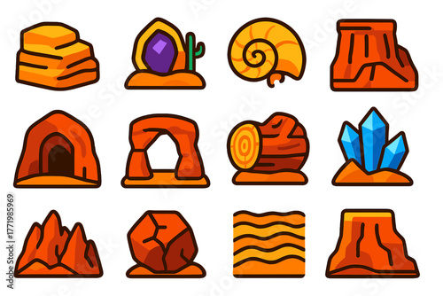 Desert Geology Icons. Flat vector icons of desert geology: sandstone rock, crystal geode in desert, desert fossil, eroded cliff,