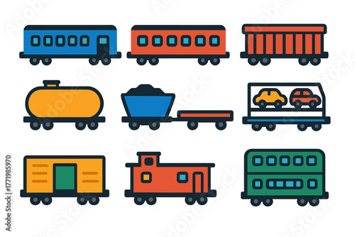 Vibrant Train Car Icons. Flat vector icons of train cars: passenger coach, sleeper car, dining car, freight wagon, tanker car,