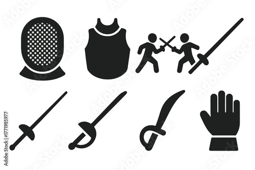 Classic Sword Fighting Icons. Solid style icons of Classic Sword Fighting Gear: Fencing Mask, Mesh, Bib, Duel, Foil, Épée, Sabre,