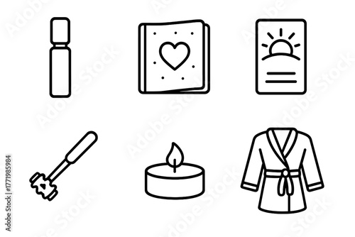 Wellness Essentials Icons. Line style icons of Wellness and Self-Care Kit: essential oil roller, gratitude journal, affirmation